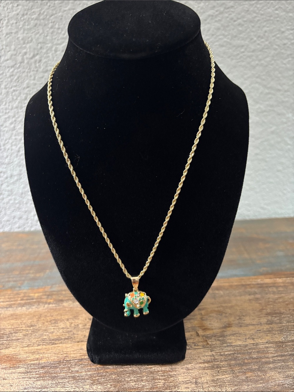 Gold Rope Chain Necklace with Green Elephant Pendant